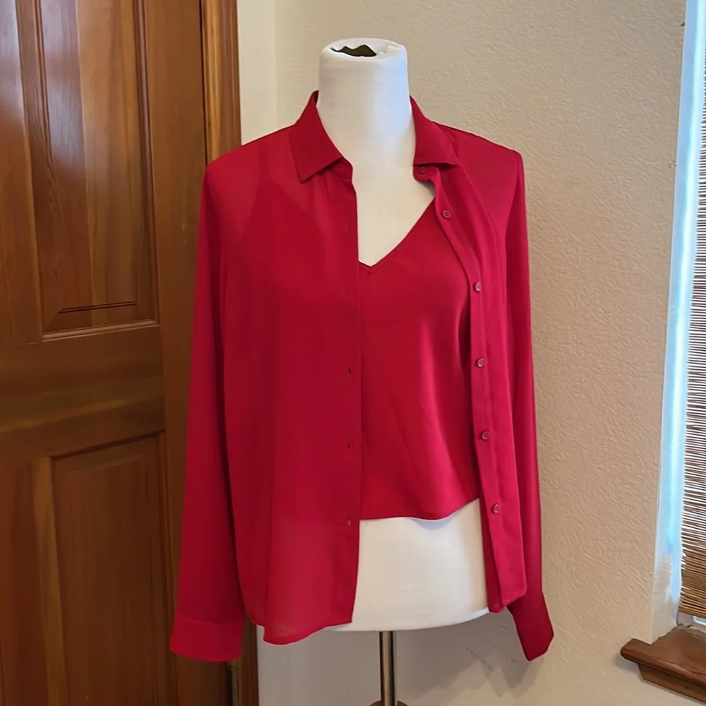 2-in-1 Red Chiffon Button Down and Camisole, Women’s Medium